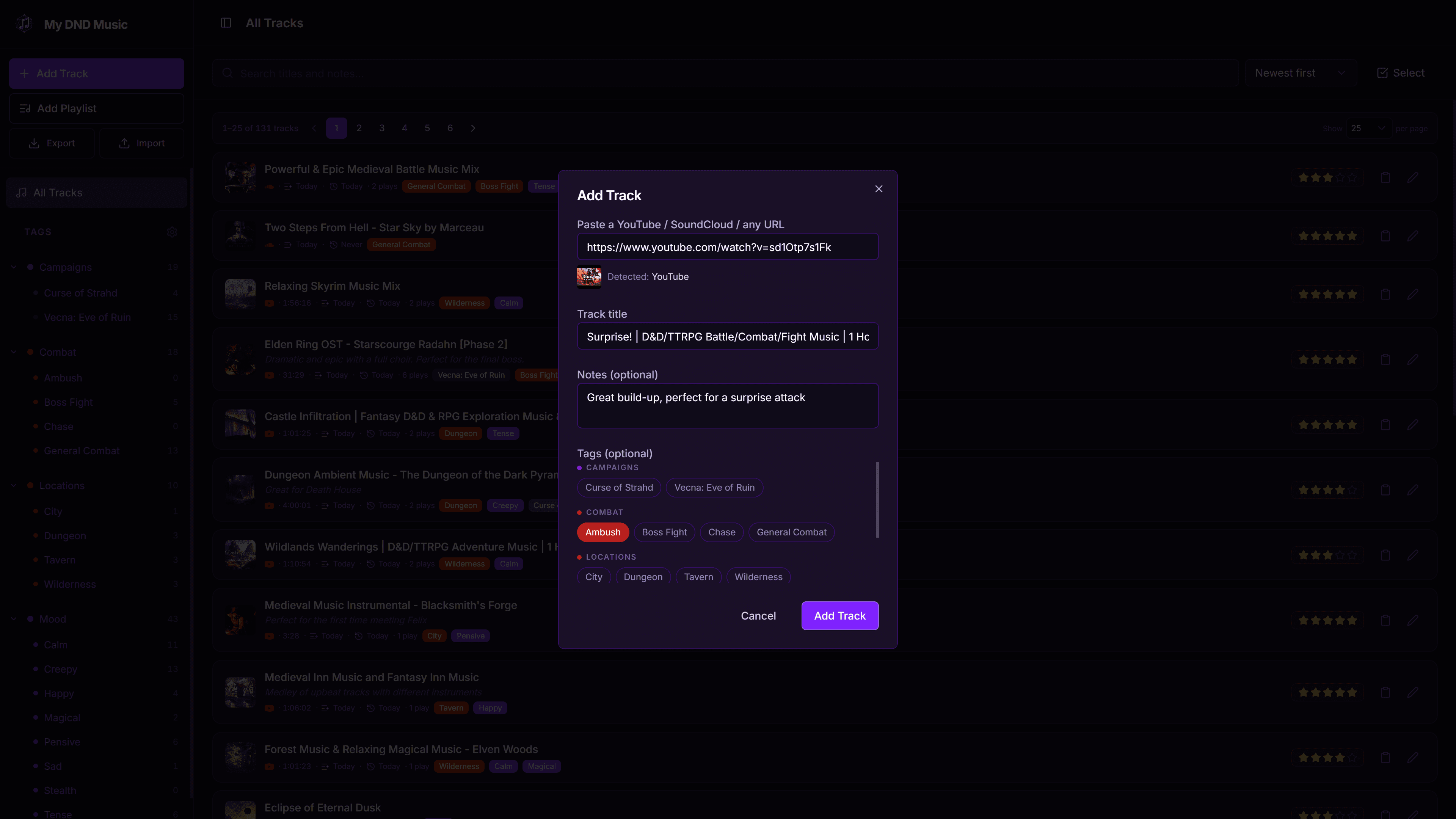 Add Track window for saving a YouTube, SoundCloud, or other music link with a title, notes, and custom D&D tags.