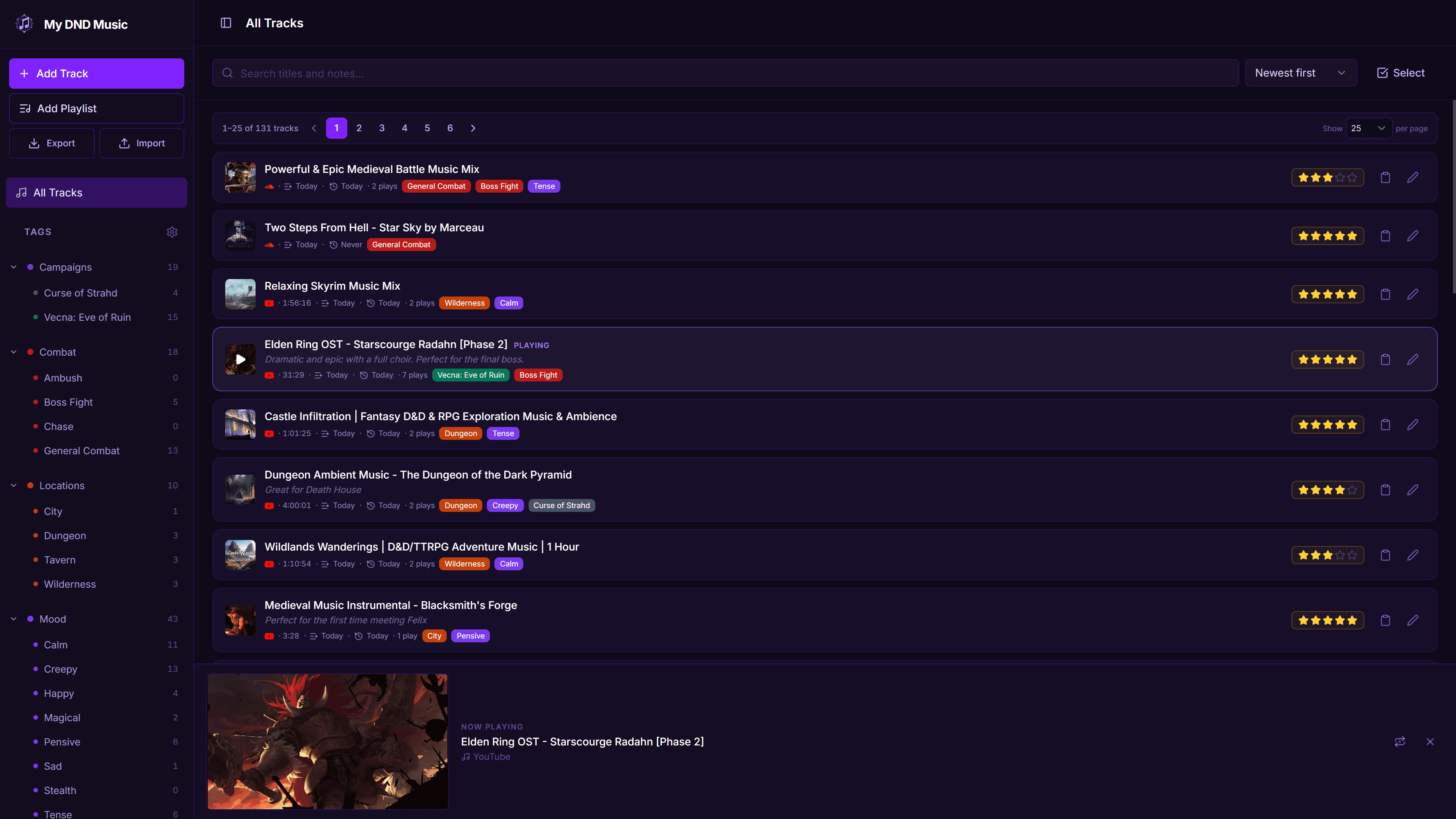 My D&D Music library showing searchable tracks organized with custom tags, ratings, play history, and an integrated music player.