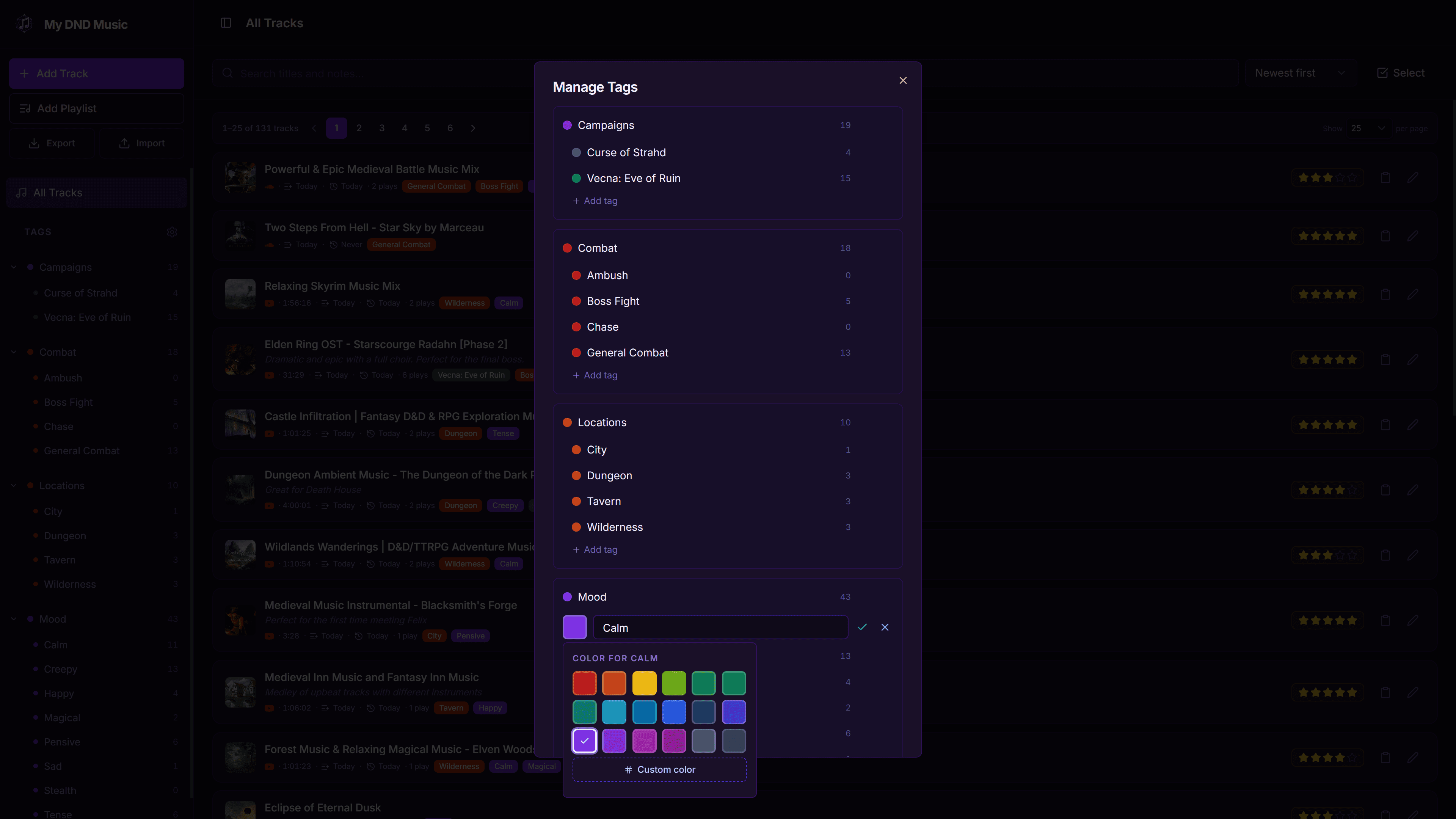 Manage Tags window for creating and organizing custom D&D music tags by categories such as campaign, combat, location, and mood.